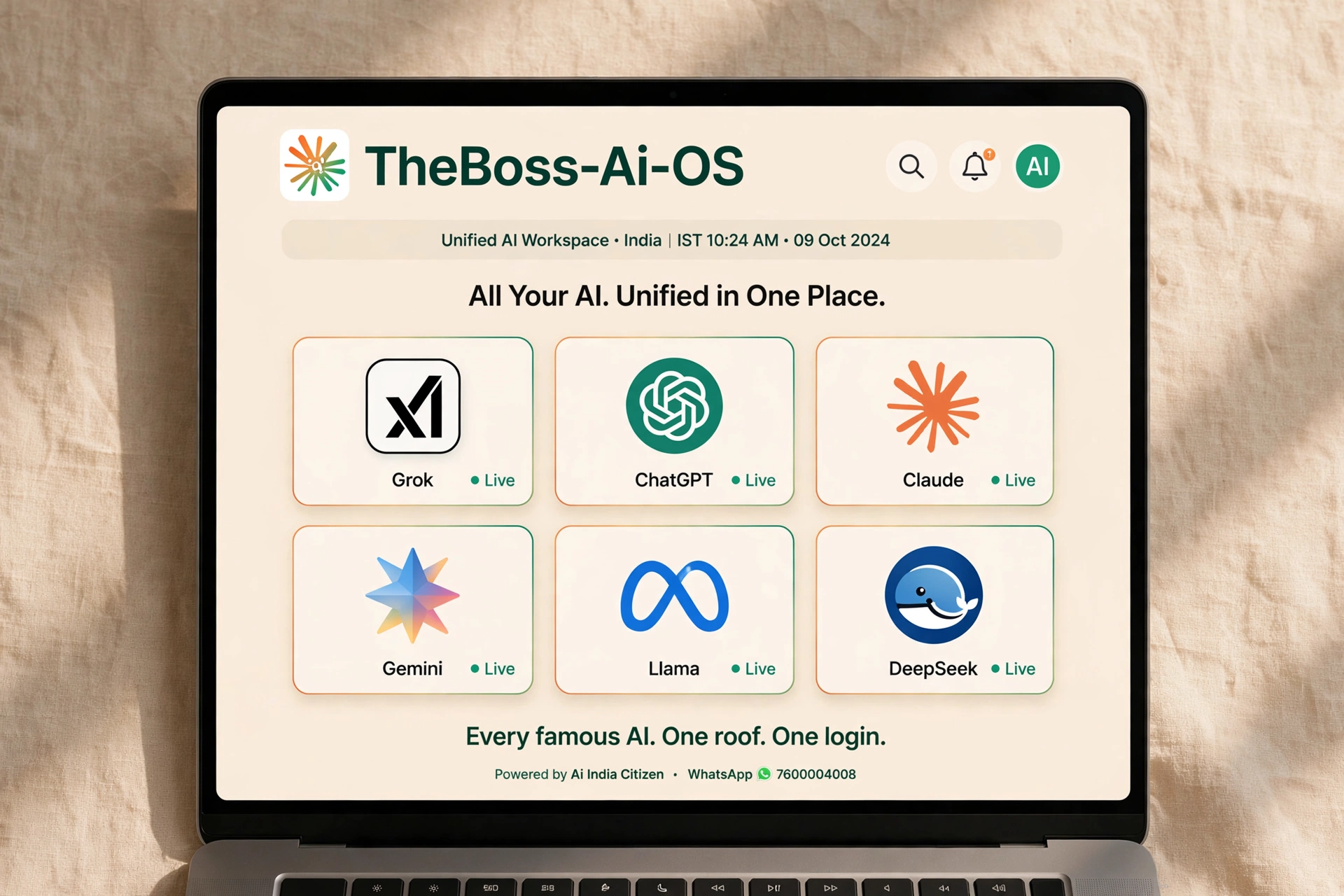 TheBoss-Ai-OS dashboard — Grok, ChatGPT, Claude, Gemini, Llama and DeepSeek live in one place